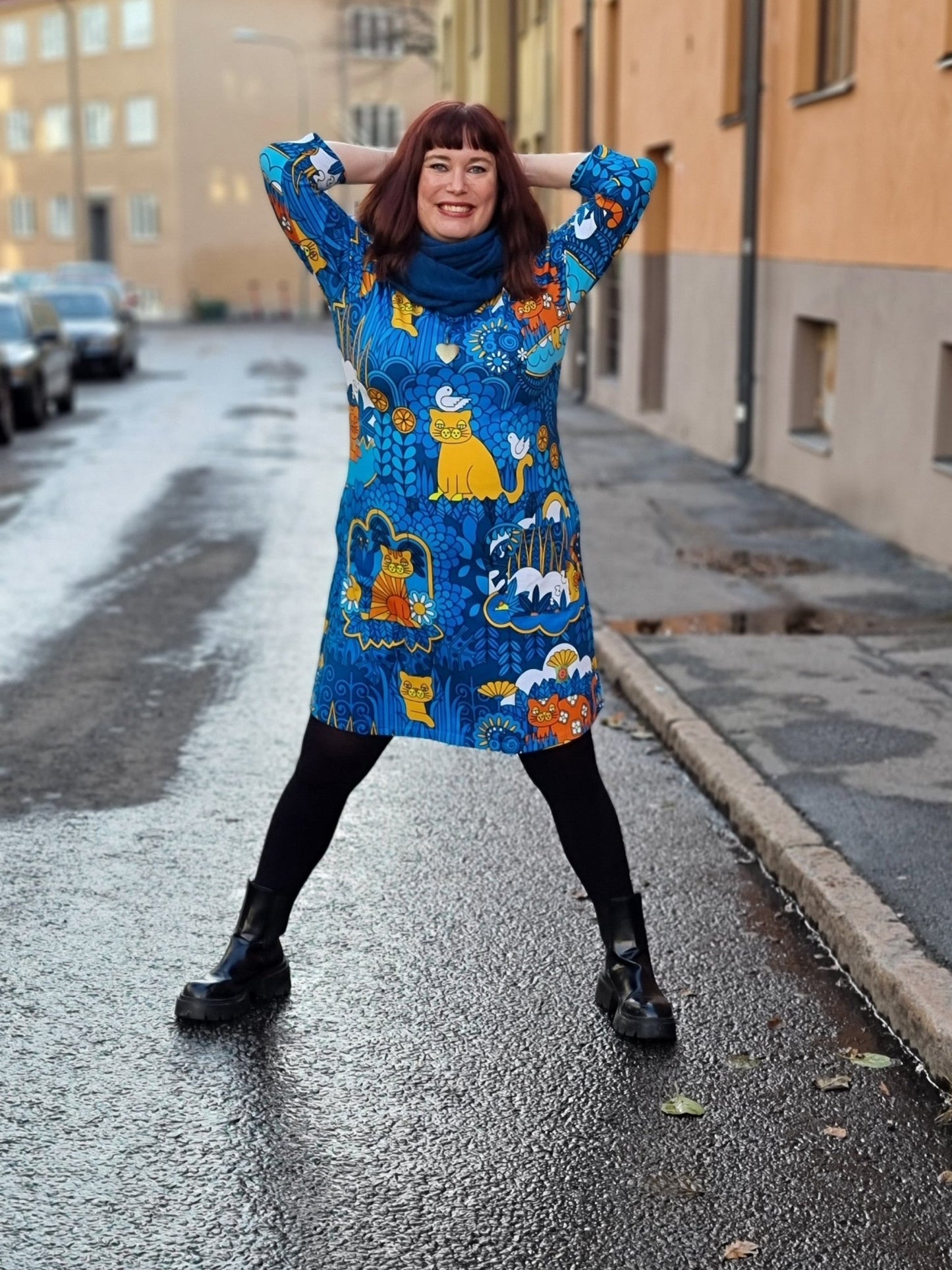 Trikåklänning Katt Blå - Rino Design AB